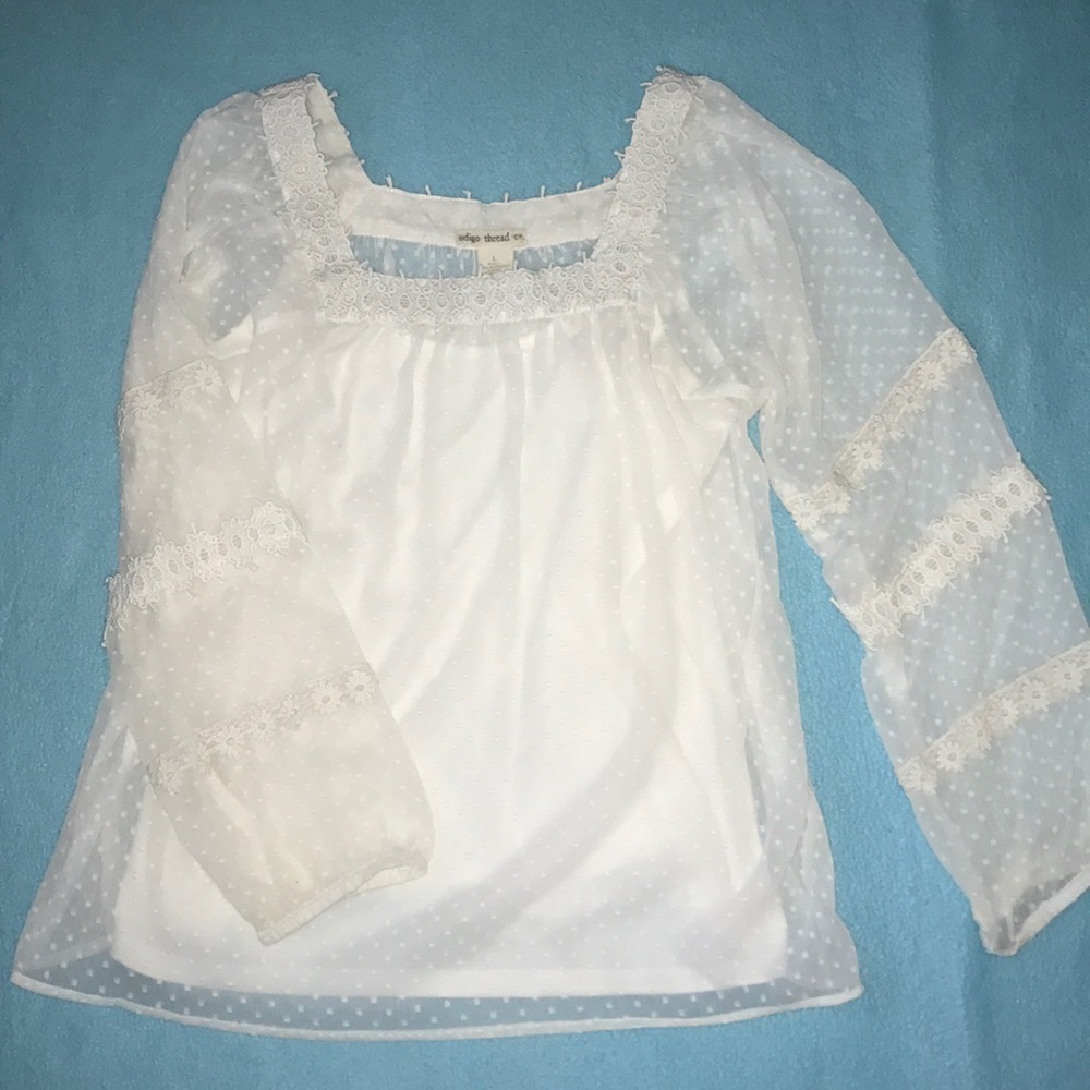 INDIGO Thread Co. vintage blouse white long sleeve sheer polka dots size L